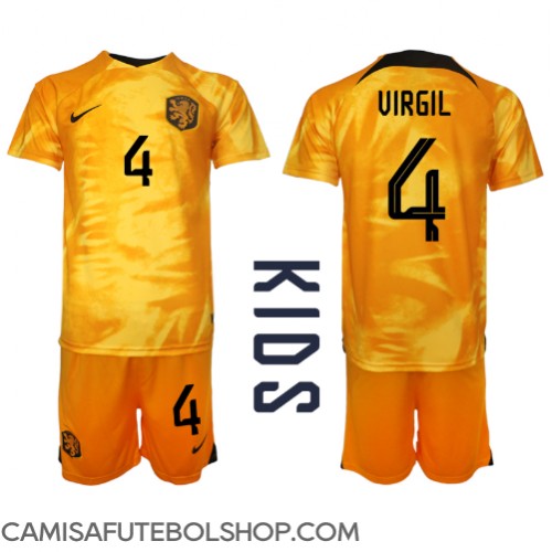 Camisa de time de futebol Holanda Virgil van Dijk #4 Replicas 1º Equipamento Infantil Mundo 2022 Manga Curta (+ Calças curtas)